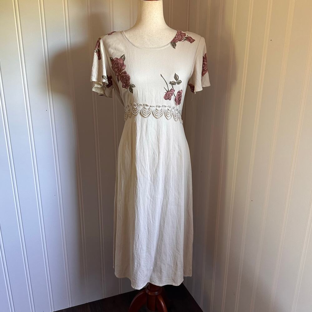 Vintage 90s Cottagecore Cream Floral Midi Dress 12